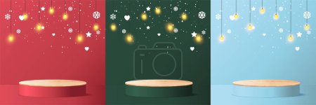 Illustration for Vector Merry Christmas with wood podium exhibit displays award ceremony, Wooden self product presentation with Christmas lights Colorful Xmas garland glow light bulbs on wire strings - Royalty Free Image