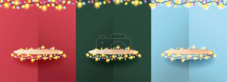 Illustration for Vector Merry Christmas with wood podium exhibit displays award ceremony, Wooden self product presentation with Christmas lights Colorful Xmas garland glow light bulbs on wire strings - Royalty Free Image