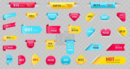 Ilustración de Vector set of modern labels and tags ribbons stickers creative design, Shopping and Best choice price badge, special offer, big sale and new - Imagen libre de derechos