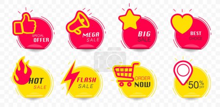 Illustration for Vector business icons modern red and yellow labels and tags circle banners paper fold stickers creative design, Shopping and Best choice price badge, special offer, big sale and new - Royalty Free Image