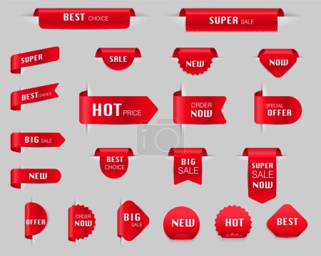 Téléchargez les illustrations : Vector set of red labels and tags ribbons stickers creative design, Shopping and Best choice price badge, special offer, big sale and new - en licence libre de droit