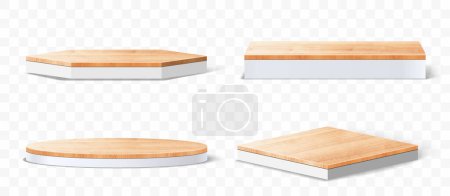 3D Vector set of wood pedestals podium, Abstract geometric empty stages wooden exhibit displays award ceremony product presentation