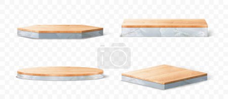 Illustration for 3D Vector set of marble with wood table top podium pedestals, Abstract geometric empty stages wooden and stone exhibit displays award ceremony product presentation - Royalty Free Image