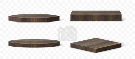 Téléchargez les illustrations : 3D Vector set of wood pedestals podium, Abstract geometric empty stages wooden exhibit displays award ceremony product presentation - en licence libre de droit