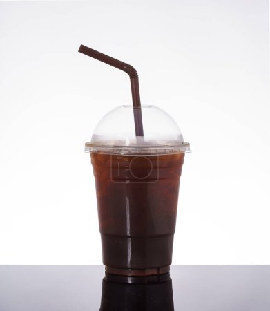 Photo for Ice americano coffee in takeaway glass, on white background and black glass floor. - Royalty Free Image