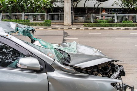 Car crash accident on the road, damaged automobiles after collision in city