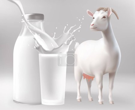 Photo for Milk bottle with milk splash and white goat. 3d illustration - Royalty Free Image