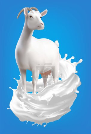 Illustration for Dairy poster. Milk products Goat and splash of milk as a 3d vector design element - Royalty Free Image