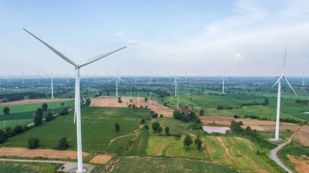 Photo for View from drone of Wind turbine farm at mountain,renewable electric power - Royalty Free Image