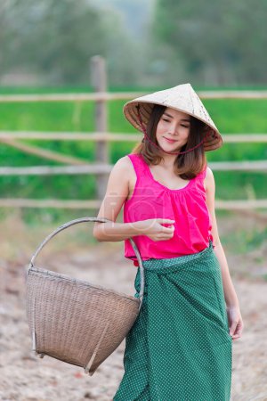 Photo for Portrait of beautiful asian woman wear countryside dress of thai at the field,Thailand people - Royalty Free Image