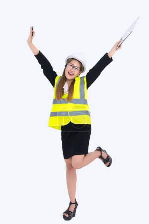 Photo for Beautiful asian Engineer woman Wear a suit, glasses and wearing a helmet on white background,Thailand people - Royalty Free Image