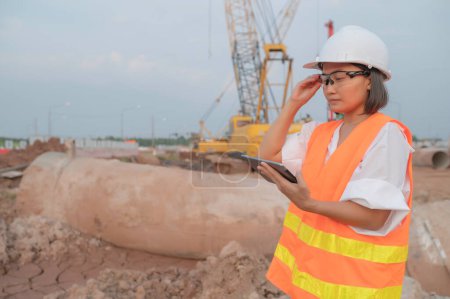 Foto de Civil engineers working at a construction site,The company manager supervises the road construction. - Imagen libre de derechos