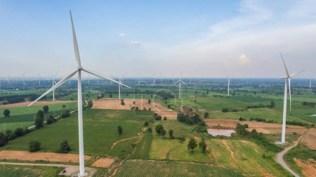 Photo for View from drone of Wind turbine farm at mountain,renewable electric power - Royalty Free Image