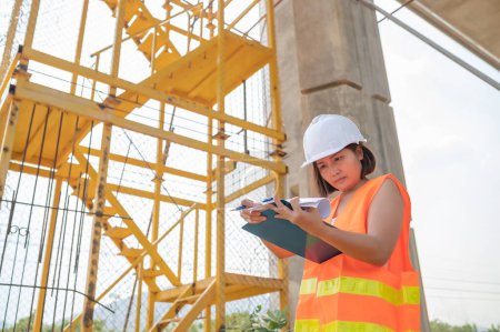 Téléchargez les photos : Une femme ingénieur asiatique travaille sur un chantier de construction de pont autoroutier, Travailleur civil inspectant les travaux de construction de passages à niveau - en image libre de droit