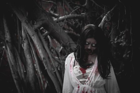 Photo for Portrait of asian woman make up ghost face,Horror scene,Scary background,Halloween poster - Royalty Free Image