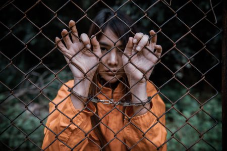 Foto de Retrato de mujeres desesperadas por atrapar la prisión de hierro, el concepto de prisionero, la gente de Tailandia, la esperanza de ser libres, si la violación de la ley sería arrestado y encarcelado. - Imagen libre de derechos
