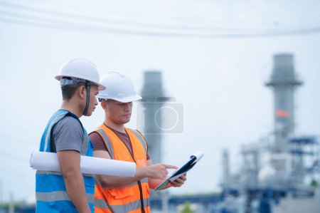 Photo for Two engineer working at power plant,Work together happily,Help each other analyze the problem,Consult about development guidelines - Royalty Free Image