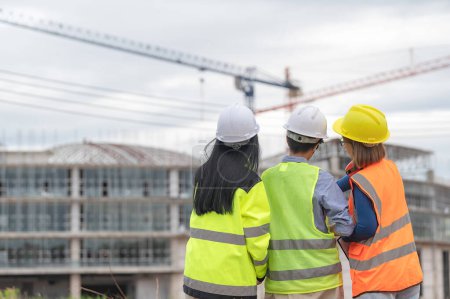 Photo for Young and senior Engineers discuss about work of large building underconstruction,Three people working on site of under construction - Royalty Free Image