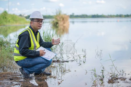 Foto de Ingenieros ambientales inspeccionan la calidad del agua, traen agua al laboratorio para pruebas, verifican el contenido mineral en el agua y el suelo, verifican si hay contaminantes en las fuentes de agua. - Imagen libre de derechos