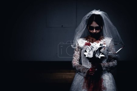 Photo for Halloween festival concept,Asian woman makeup ghost face,Bride zombie charactor,Horror movie wallpaper or poster - Royalty Free Image