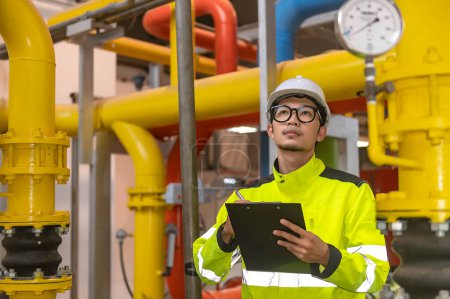 Photo for Asian engineer wearing glasses working in the boiler room,maintenance checking technical data of heating system equipment,Thailand people - Royalty Free Image