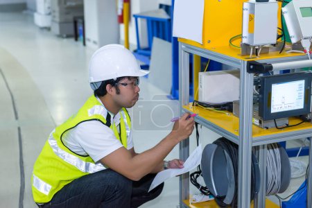 Photo for Asian engineer working at Operating hall,Thailand people wear helmet  work,He worked with diligence and patience - Royalty Free Image