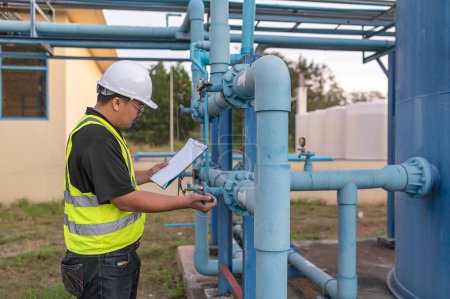 Foto de Environmental engineers work at wastewater treatment plants,Male plumber technician working at water supply - Imagen libre de derechos