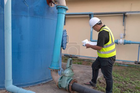 Téléchargez les photos : Environmental engineers work at wastewater treatment plants,Male plumber technician working at water supply - en image libre de droit