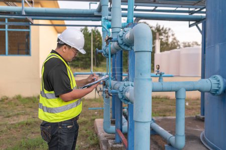Téléchargez les photos : Environmental engineers work at wastewater treatment plants,Male plumber technician working at water supply - en image libre de droit