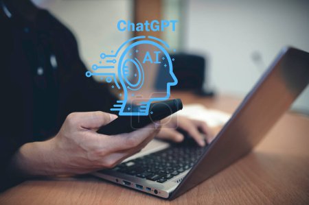 Téléchargez les photos : ChatGPT Chat avec l'IA ou l'intelligence artificielle, chatbot numérique, chatbot développé par OpenAI, technologie futuriste. - en image libre de droit