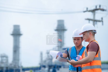 Photo for Two engineer working at power plant,Work together happily,Help each other analyze the problem,Consult about development guidelines - Royalty Free Image