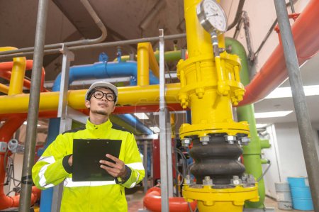 Téléchargez les photos : Ingénieur asiatique portant des lunettes travaillant dans la chaufferie, vérification de la maintenance des données techniques des équipements du système de chauffage, Thaïlande personnes - en image libre de droit