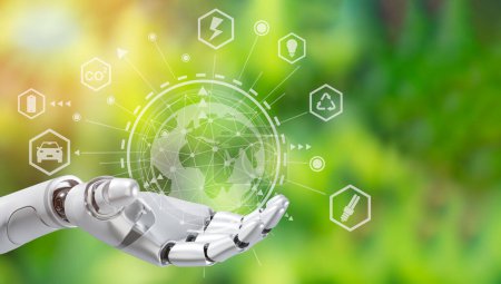 Roboterarm hält Erde auf grünem Baumhintergrund, Umweltkonzept, Künstliche Intelligenz und Technologie-Ökologiekonzept.