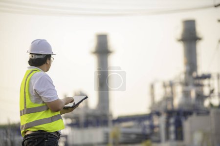 Téléchargez les photos : Asiatique homme ingénieur pétrochimique travaillant à l'usine de raffinerie de pétrole et de gaz usine, Le travailleur homme ingénieur contrôle du travail à la centrale électrique industrie de l'énergie fabrication - en image libre de droit