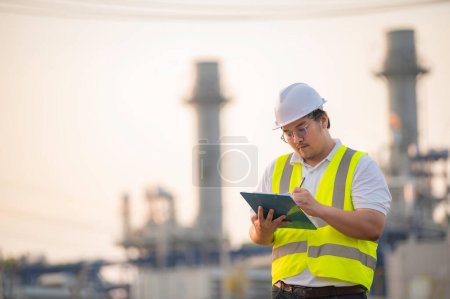 Photo for Asian man petrochemical engineer working at oil and gas refinery plant industry factory,The people worker man engineer work control at power plant energy industry manufacturing - Royalty Free Image
