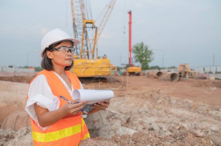 Téléchargez les photos : Civil engineers working at a construction site,The company manager supervises the road construction. - en image libre de droit