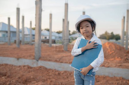 Foto de Concepto de niño ingeniero, uniforme de ingeniero de desgaste de niña asiática que trabaja en el sitio de construcción - Imagen libre de derechos