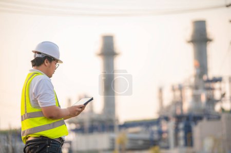 Téléchargez les photos : Asiatique homme ingénieur pétrochimique travaillant à l'usine de raffinerie de pétrole et de gaz usine, Le travailleur homme ingénieur contrôle du travail à la centrale électrique industrie de l'énergie fabrication - en image libre de droit