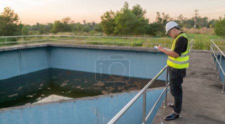 Photo for Environmental engineers work at wastewater treatment plants,Water supply engineering working at Water recycling plant for reuse - Royalty Free Image