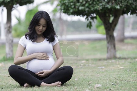 Téléchargez les photos : Portrait d'une femme enceinte asiatique élégante au parc. Les Thaïlandais. Un concept de femme heureuse. Elle se touche le ventre à la main. Concept de fête des mères - en image libre de droit