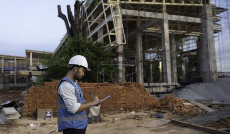 Téléchargez les photos : Ingénieur asiatique travaillant sur le site d'un grand projet de construction. Les Thaïlandais. Heures supplémentaires sur le chantier - en image libre de droit