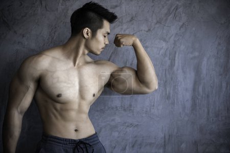 Téléchargez les photos : Portrait de l'homme asiatique gros muscle à la salle de gym. Les Thaïlandais. Entraînement pour une bonne santé. Entraînement de poids. Fitness au concept de gymnase - en image libre de droit