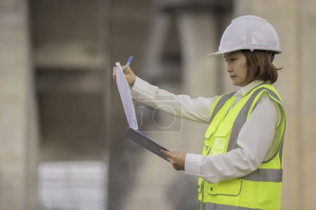 Photo for An Asian female engineer works at a motorway bridge construction site. Civil worker inspecting work on crossing construction - Royalty Free Image