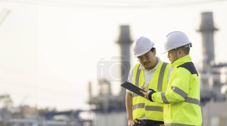 Photo for Group Asian man petrochemical engineers working at oil and gas refinery plant industry factory. The people worker men engineers work control at power plant energy industry manufacturing - Royalty Free Image