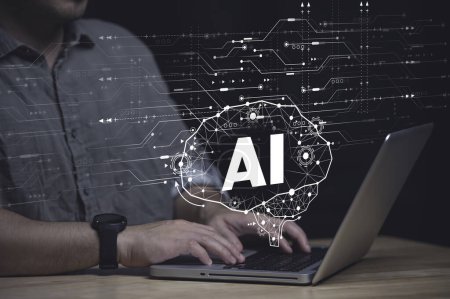 Foto de Inteligencia Artificial AI. Data Science. Concepto de tecnología de la información Empresario tocando el aprendizaje automático de IA en la pantalla virtual con big data, código de computadora - Imagen libre de derechos