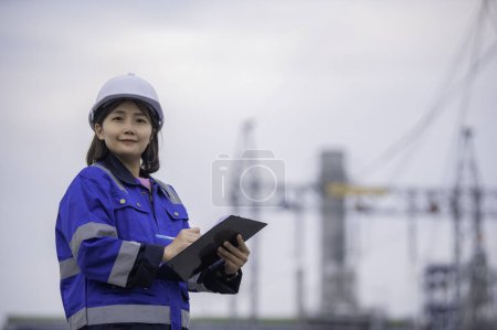 Téléchargez les photos : Ingénieur pétrochimique asiatique travaillant dans une usine de raffinage de pétrole et de gaz. La travailleuse ingénieur contrôle du travail à la centrale de production d'énergie - en image libre de droit