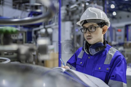 Photo for Asian engineer working at Operating hall. Thailand people wear helmet  work. He worked with diligence and patience, checked the valve regulator at the hydrogen tank. - Royalty Free Image