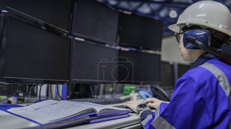 Foto de Ingeniero asiático trabajando en la sala de operaciones. Tailandia la gente usa casco de trabajo. Trabajó con diligencia y paciencia, comprobó el regulador de válvulas en el tanque de hidrógeno. - Imagen libre de derechos