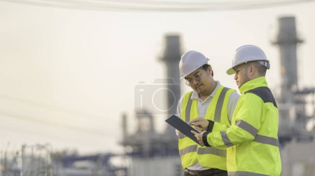 Photo for Group Asian man petrochemical engineers working at oil and gas refinery plant industry factory. The people worker men engineers work control at power plant energy industry manufacturing - Royalty Free Image