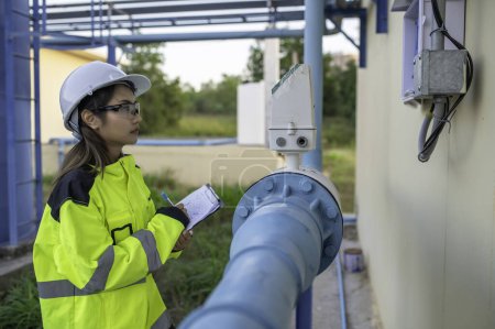 Foto de Ingenieros ambientales trabajan en plantas de tratamiento de aguas residuales, Técnico de fontanero femenino que trabaja en el suministro de agua - Imagen libre de derechos